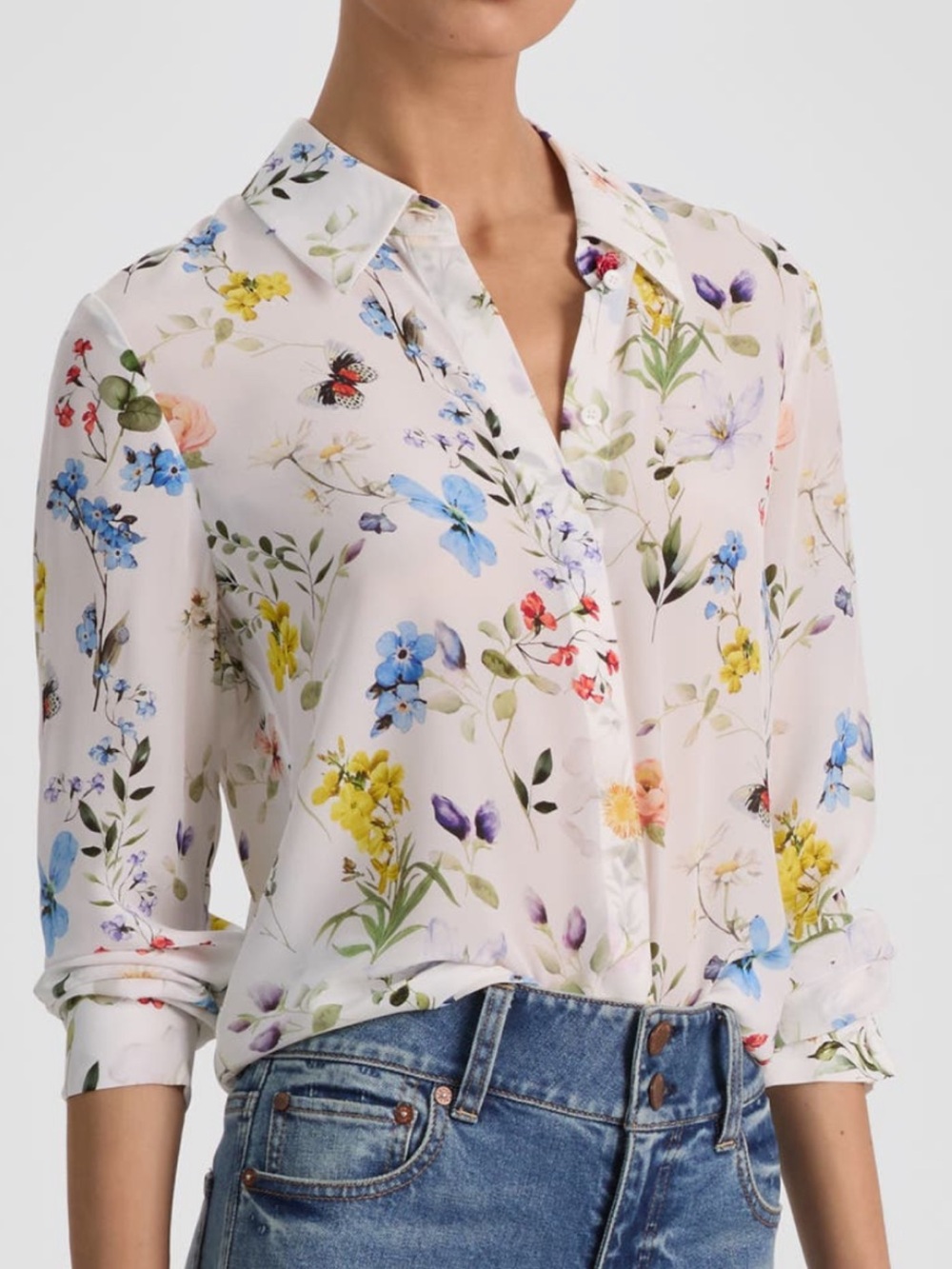 Floral Print Button-Up Blouse in Ivory